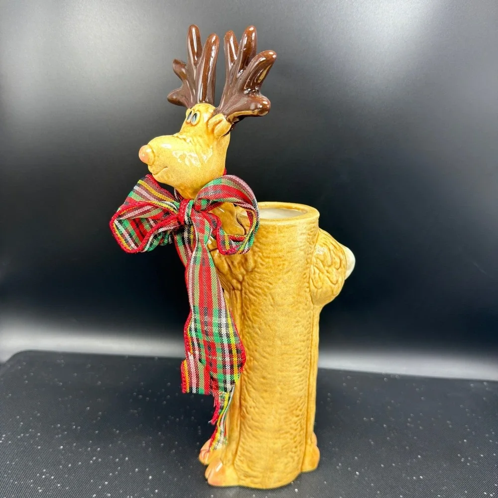 Ceramic Reindeer Bud Vase Christmas Holiday Decor Plaid‎ Bow 11.5 Inch Tan Brown